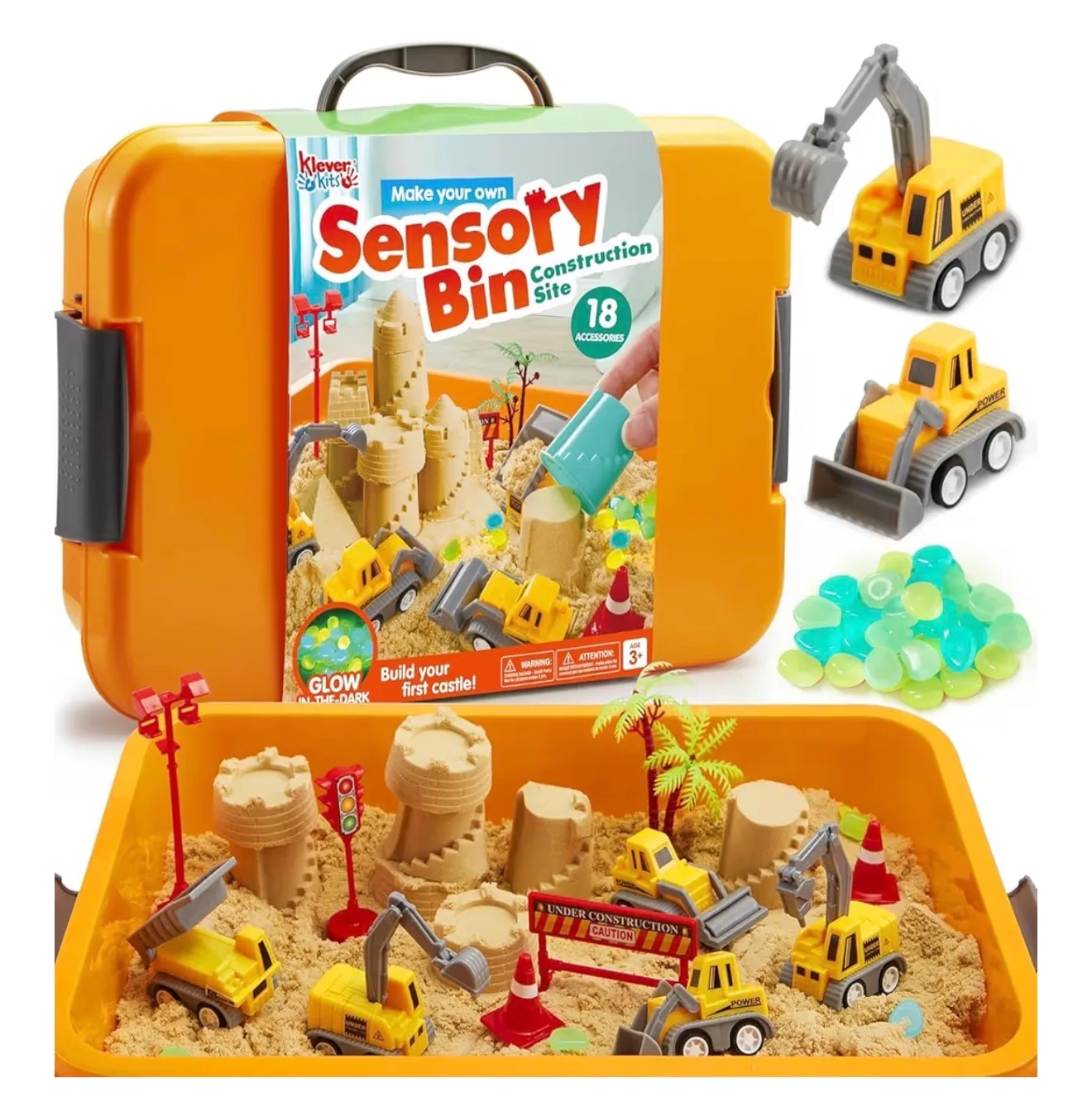 JOVA Klever Kits Construction Sensory Bin for Toddlers with Glow in The Dark Stones, Sandbox with Lid Castle Building kit, Preschool Learning Activities Gifts for Boys Girls Age 3+ : Toys & Games