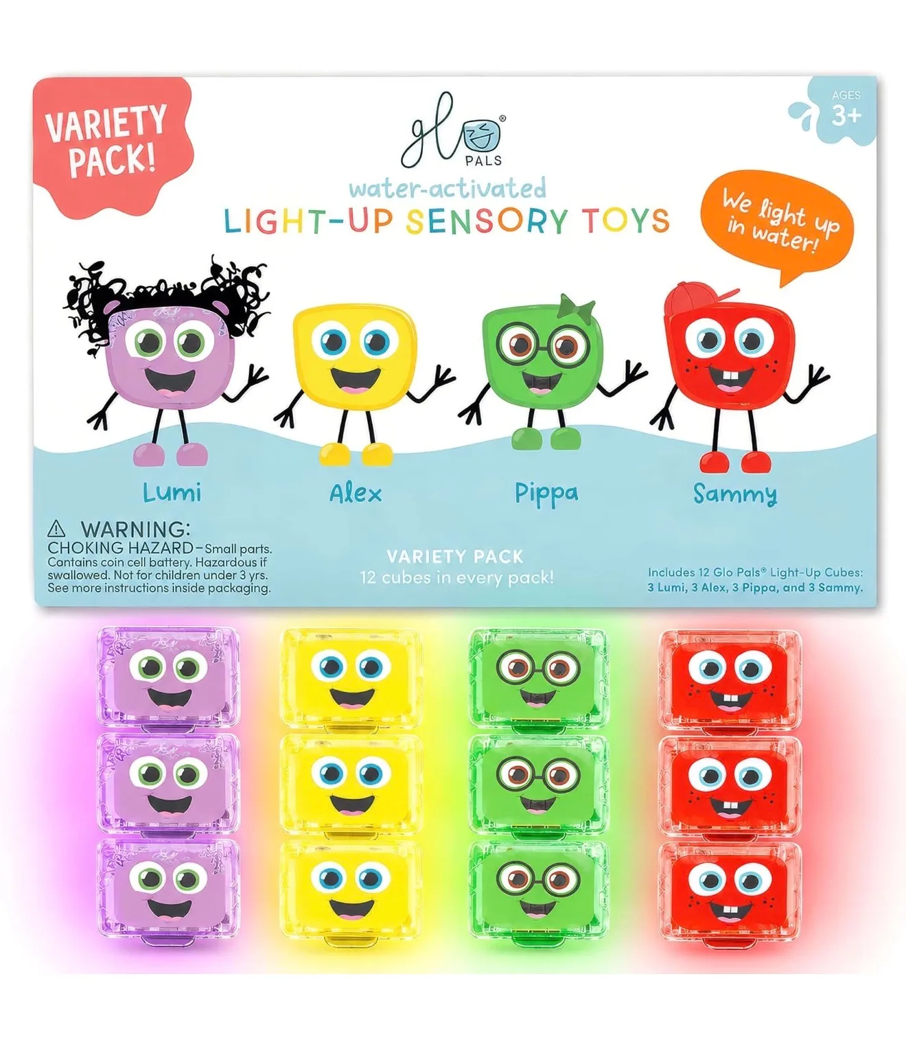 Glo Pals Water-Activated Light-Up Sensory Bath Toy Cubes for Bathtime and Sensory Play, Vibrant Light-Up Colored Cubes for Kids and Toddlers, Glows Purple, Yellow, Green, and Red, Pack of 12 : Toys & Games
