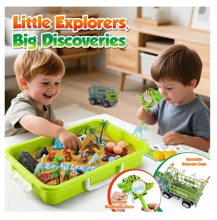 FRUSE Dinosaur Sensory Bin Toys,Play Sand Art Kit with 2.2lbs Sensory Play Sand,Glow in The Dark Dinosaurs,Dino Magnifying Glass and Sandbox,Learning Toys for Kids Ages 3 4 5 6 7 8 : Toys & Games