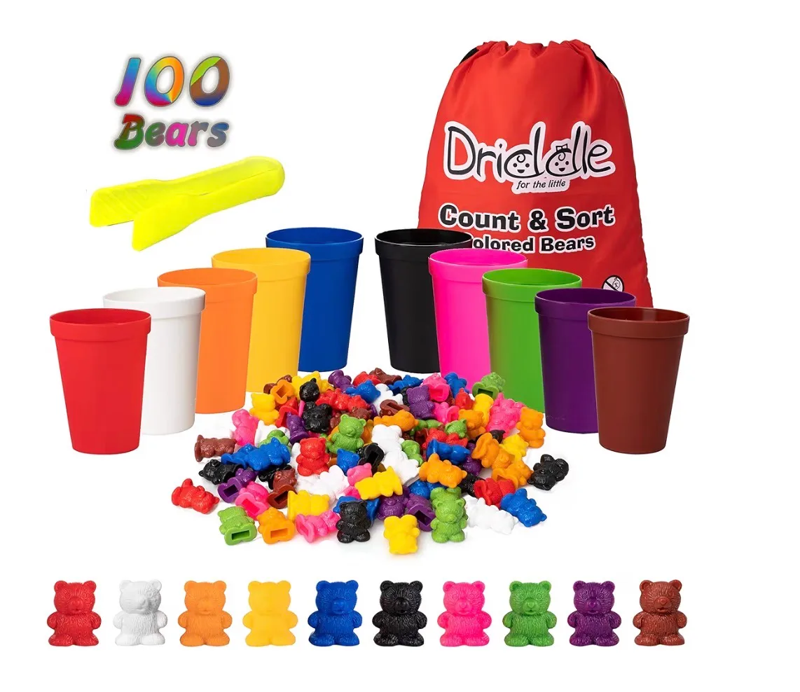 Driddle Colorful Counting Bears with Matching Cups - 100 Bears - Sort, Count & Color Recognition Learning Toy for Toddler & Kids - Montessori Education - Preschool Game : Toys & Games